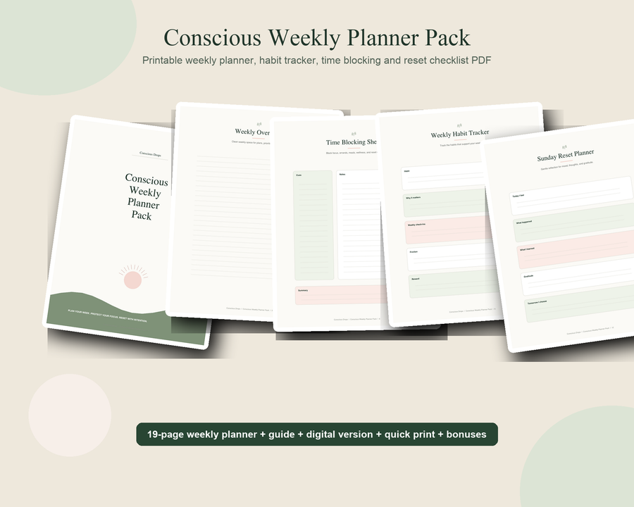 Conscious Weekly Planner Pack - Printable Weekly Planner, Habit Tracker, Time Blocking & Reset Checklist PDF