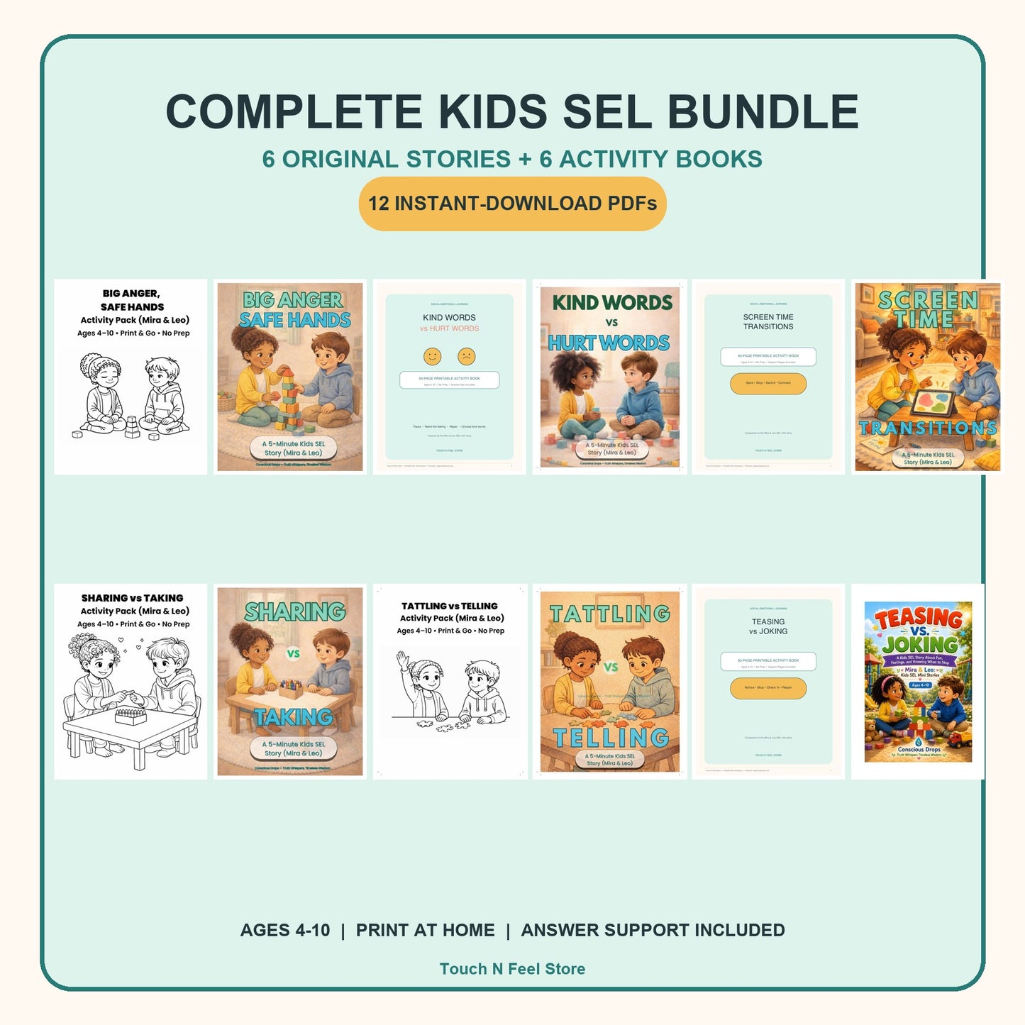 Komplettes Bundle: SEL-Geschichten & Aktivitätsbücher für Kinder – 12 PDFs, Alter 4–10