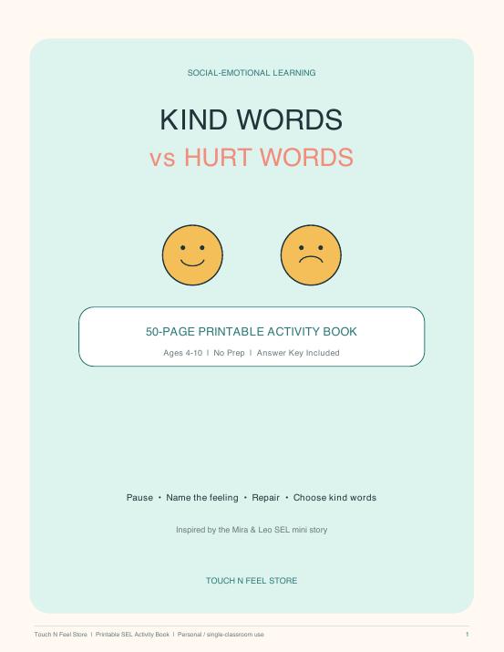 Kind Words vs Hurt Words - 50-Page SEL Activity Book Ages 4-10