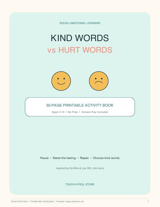 Kind Words vs Hurt Words - 50-Page SEL Activity Book Ages 4-10