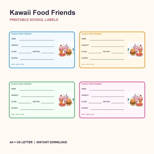 Bedruckbare Schul-Etiketten „Kawaii Food Friends“