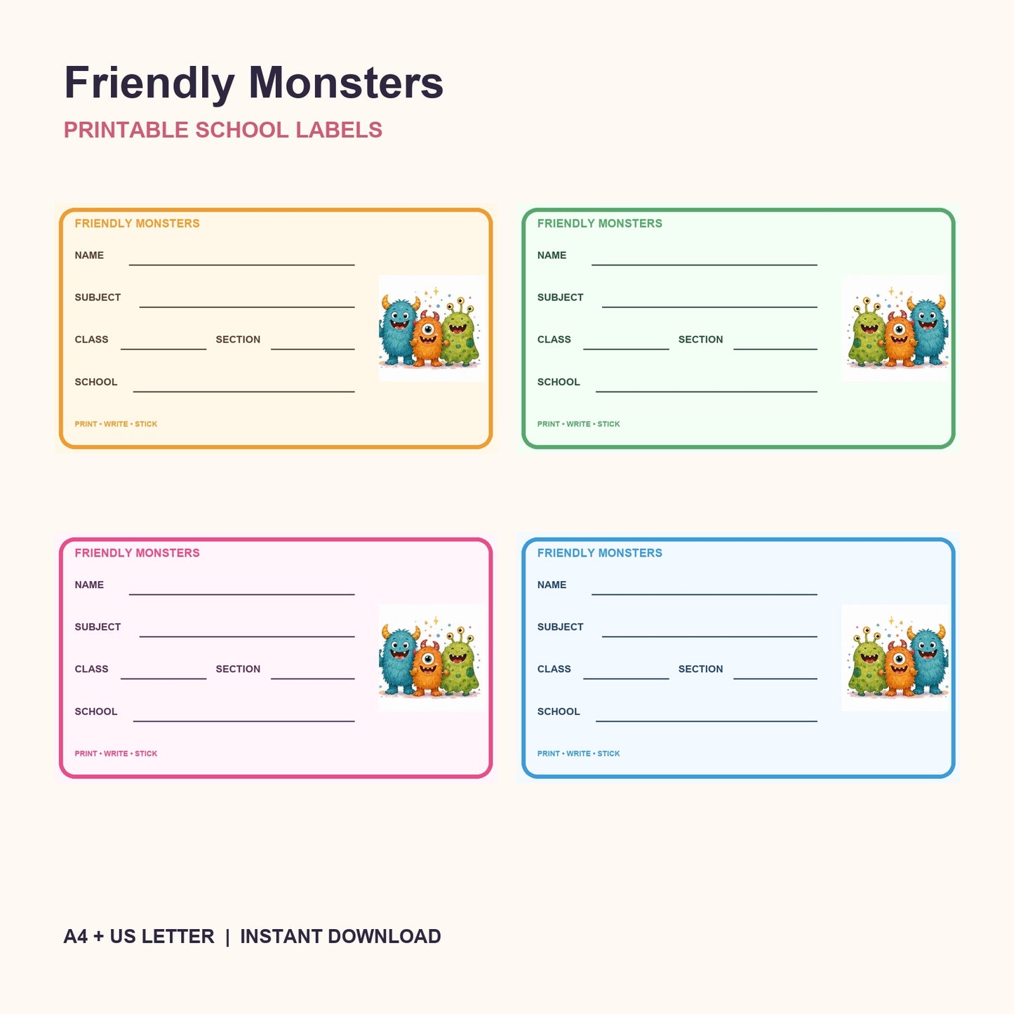 Friendly Monsters Printable School Labels