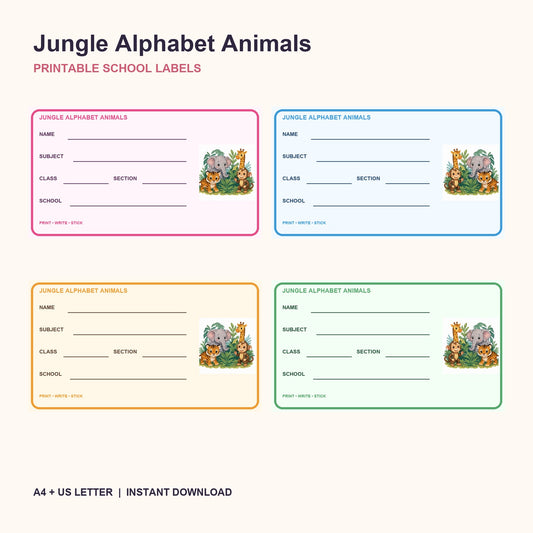 Dschungel-Alphabet-Tiere bedruckbare Schulaufkleber