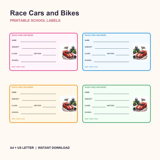レースカーとバイクの学校用ラベル（印刷可能）