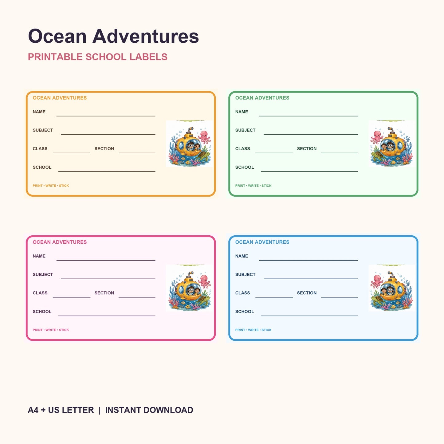 Ocean Adventures Printable School Labels