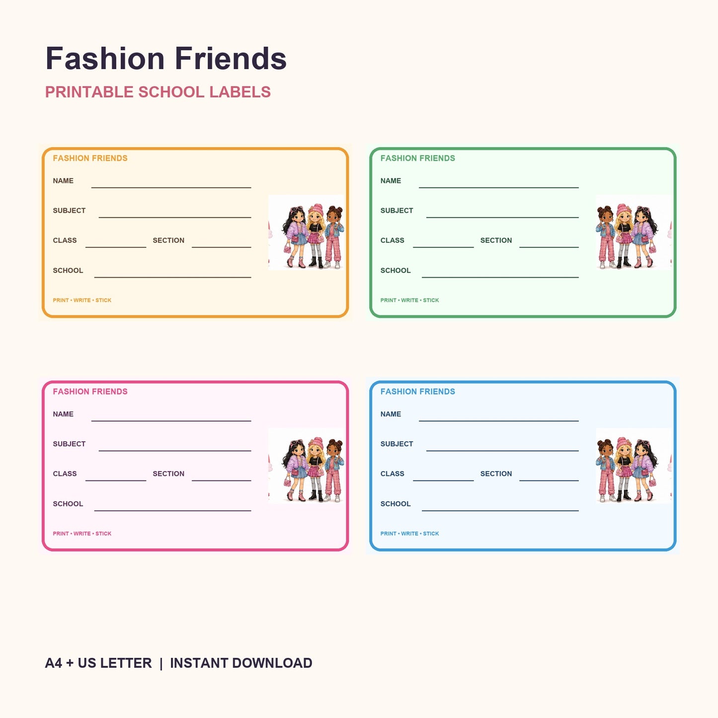 Fashion Friends Bedruckbare Schul-Etiketten