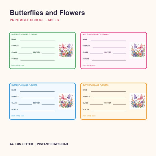 Schmetterlinge und Blumen bedruckbare Schul-Etiketten