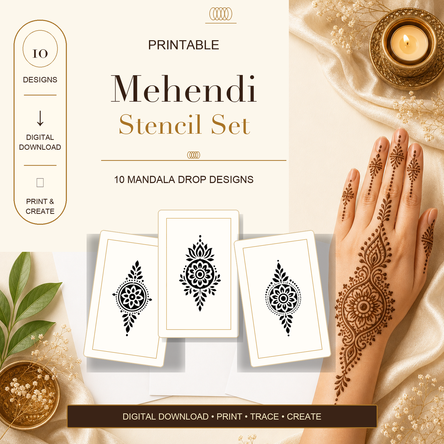 Mehendi Stencil Designs Pack - 10 Mandala Drop Designs