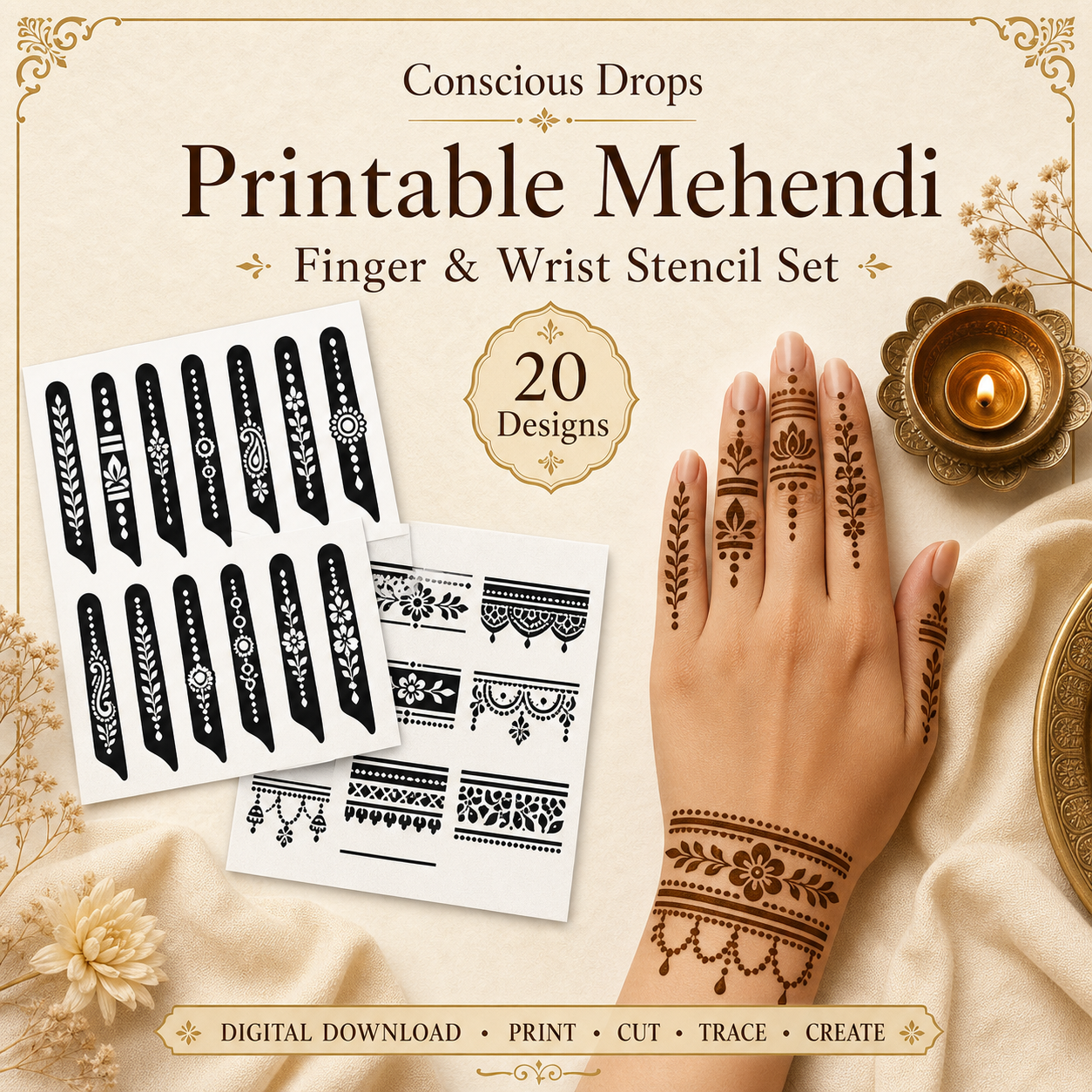 Mehendi Stencil Designs Pack - 20 Finger & Wrist Designs