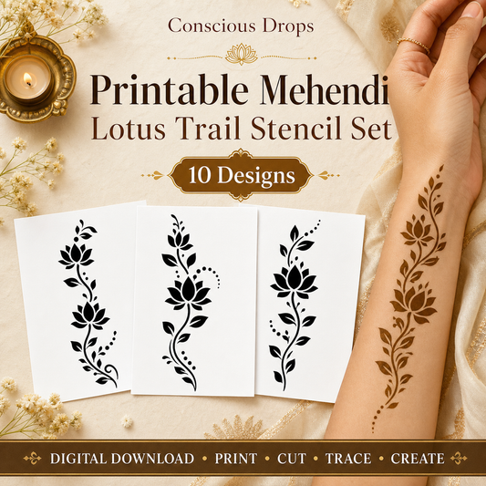 Mehendi Stencil Designs Pack - 10 Lotus Trail Floral Vine Designs
