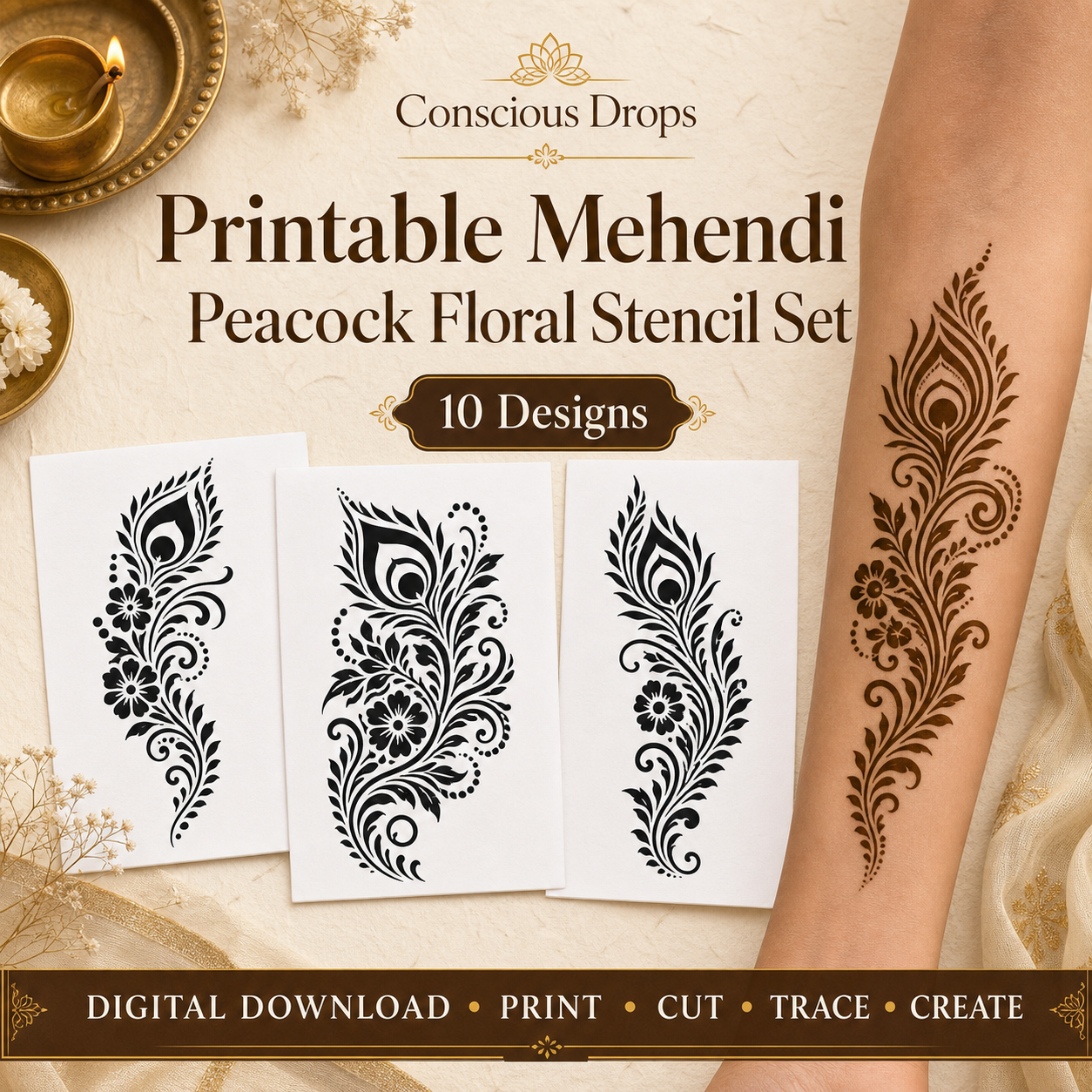 Mehendi Stencil Designs Pack - 10 Peacock Floral Designs