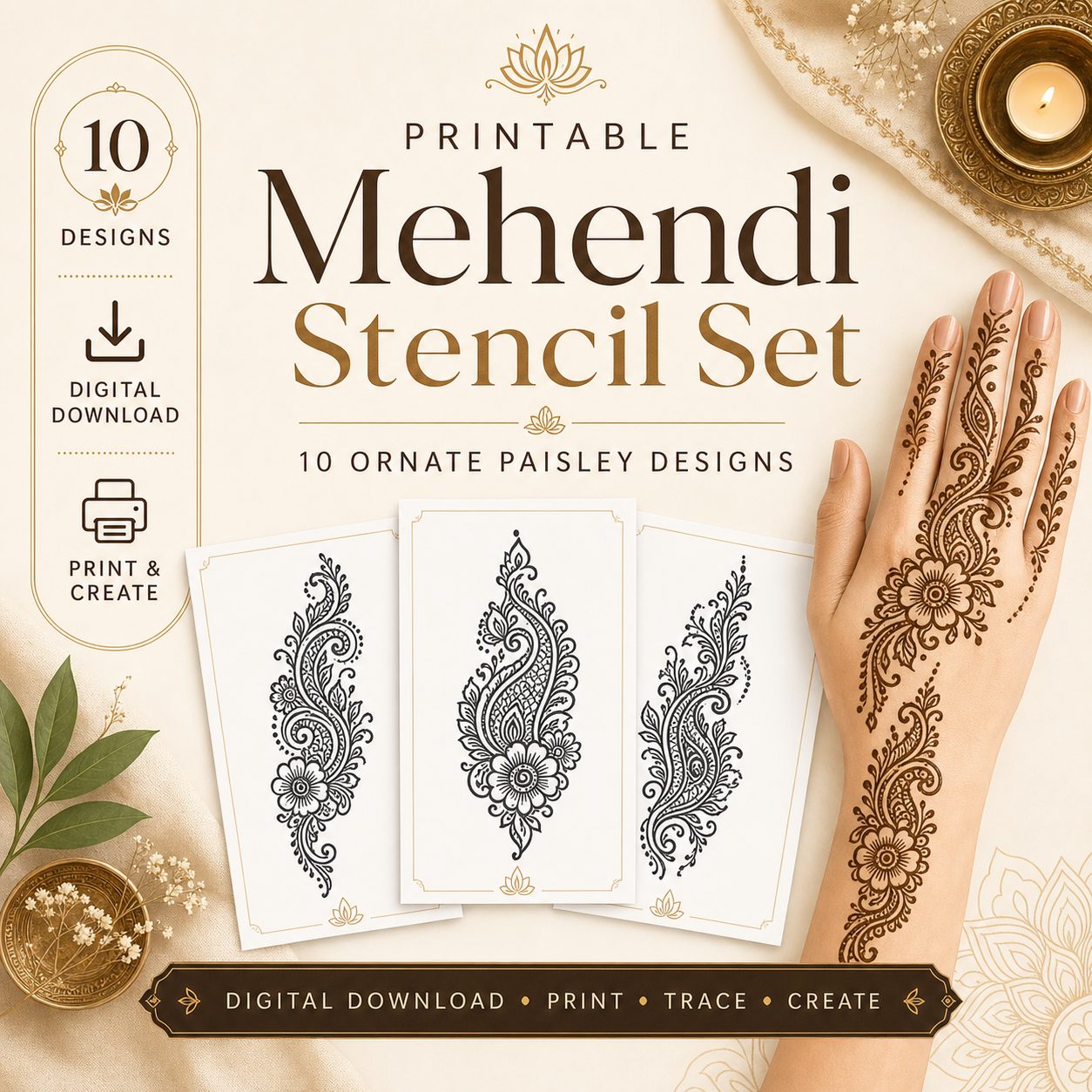 Mehendi Stencil Designs Pack — 10 Ornate Paisley Designs