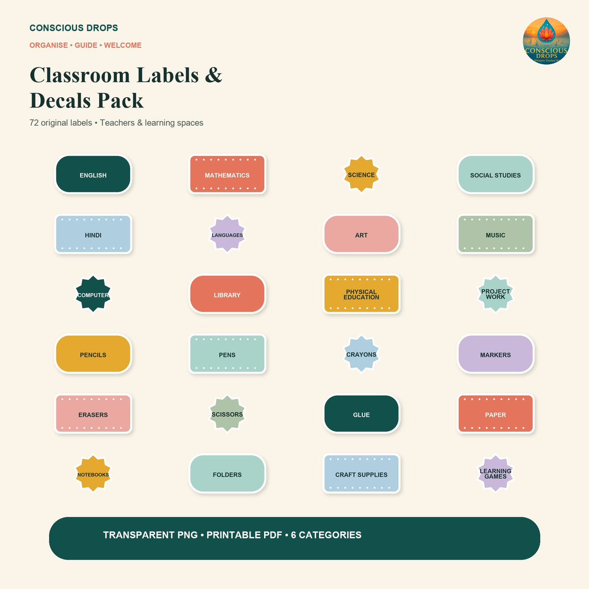 Classroom Labels & Decals Pack - 72 Printable and Digital Labels