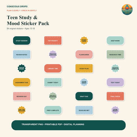 Teen Study & Mood Sticker Pack - 84 Digital and Printable Stickers
