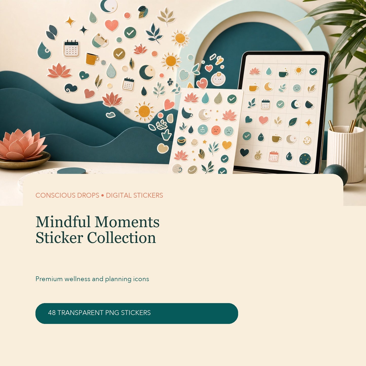 Mindful Moments Digitale Sticker-Sammlung – 48 transparente PNGs