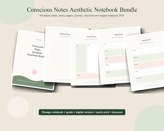 Conscious Notes Aesthetic Digital Notebook Bundle - Printable Notes, Study Pages, Journal & Checklist PDF
