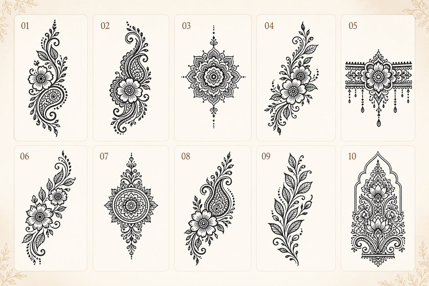 Mehendi Printable Designs Pack — 10 Original Stencil & Practice Sheets