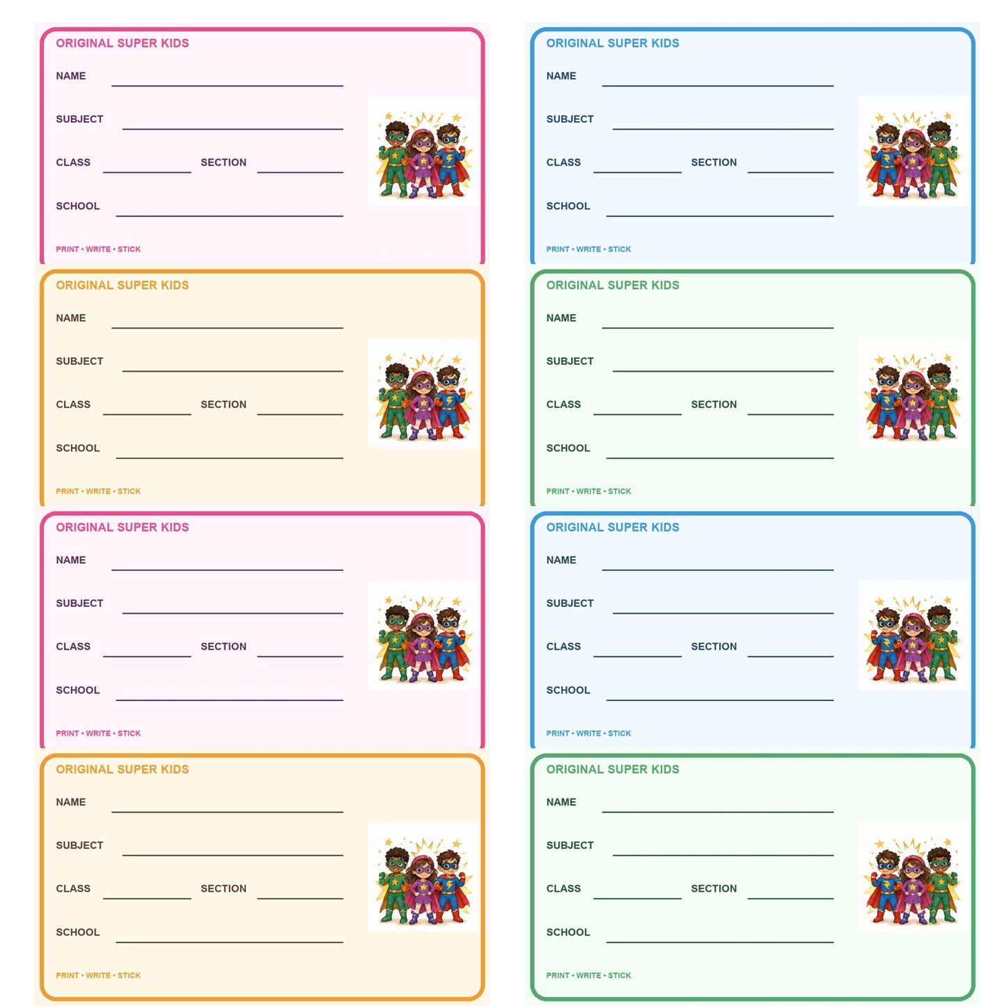 Original Super Kids Printable School Labels