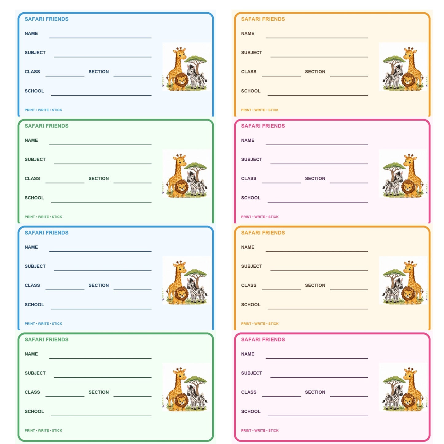 Safari Friends Printable School Labels