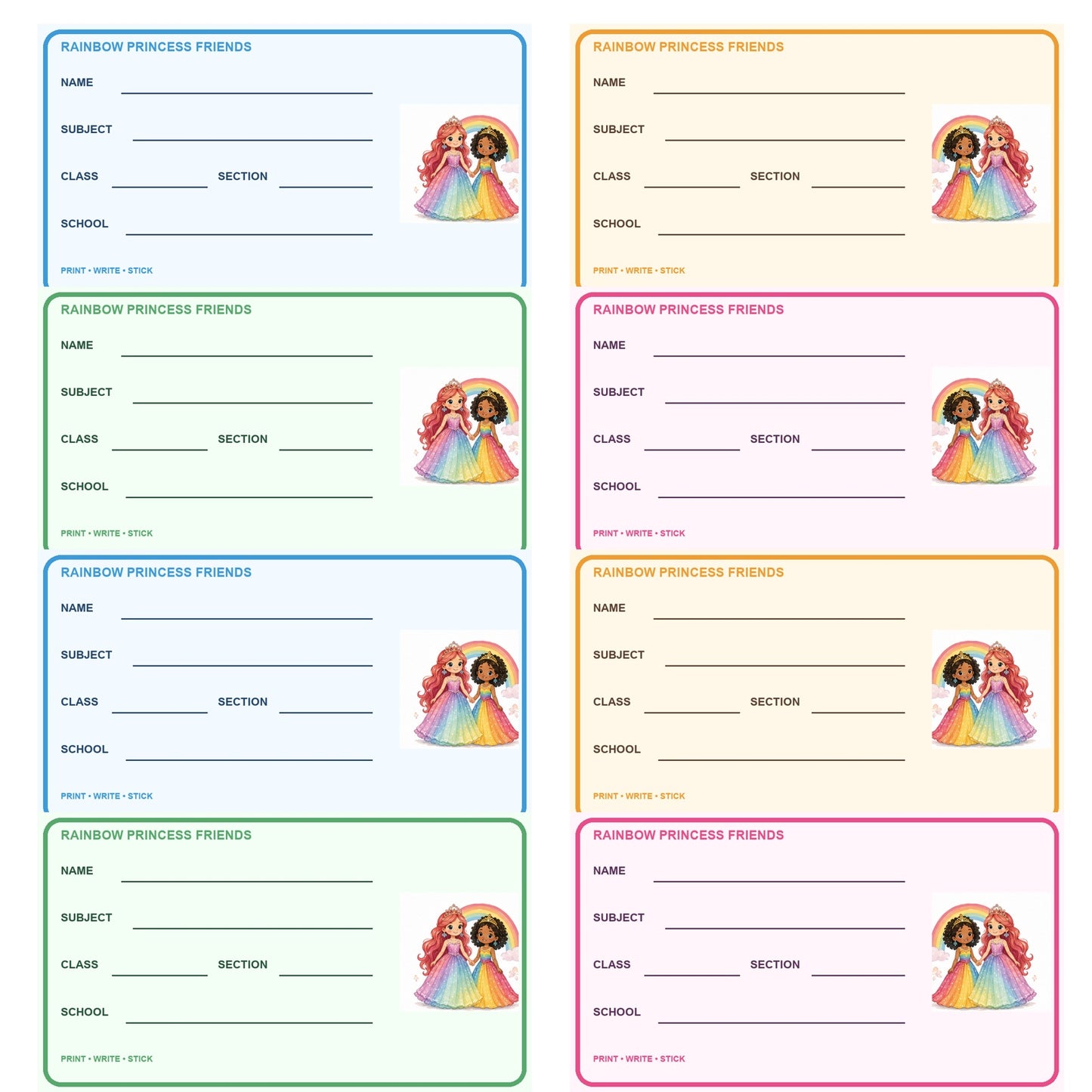 Regenbogen Prinzessin Freunde Druckbare Schul-Etiketten