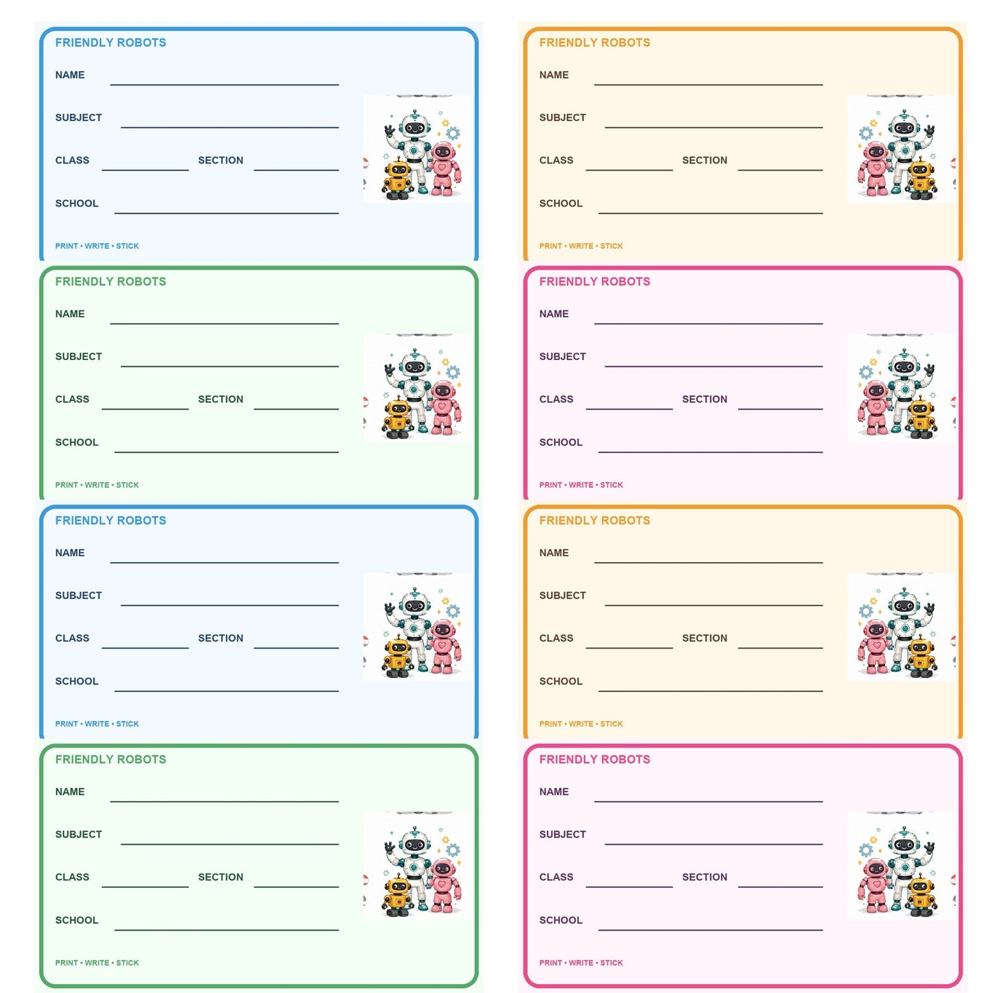 Friendly Robots Printable School Labels