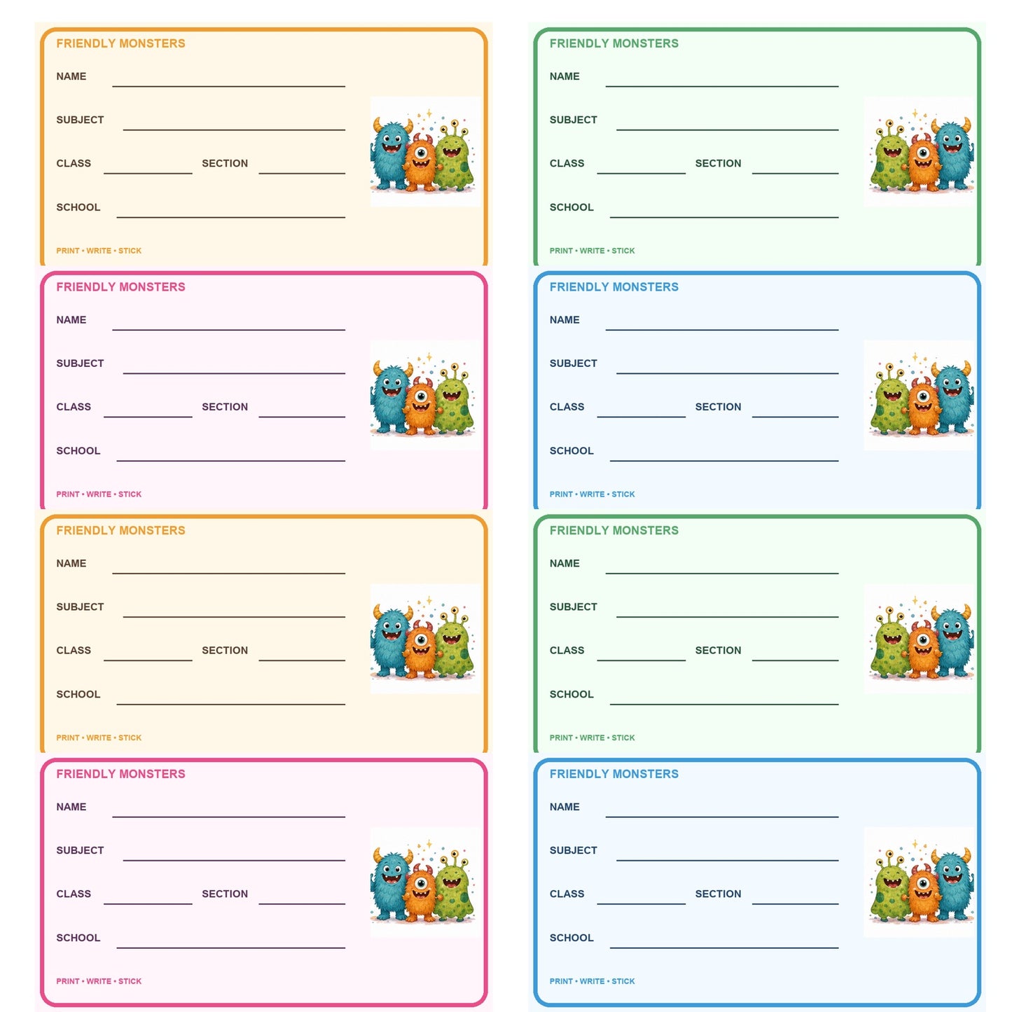 Friendly Monsters Printable School Labels