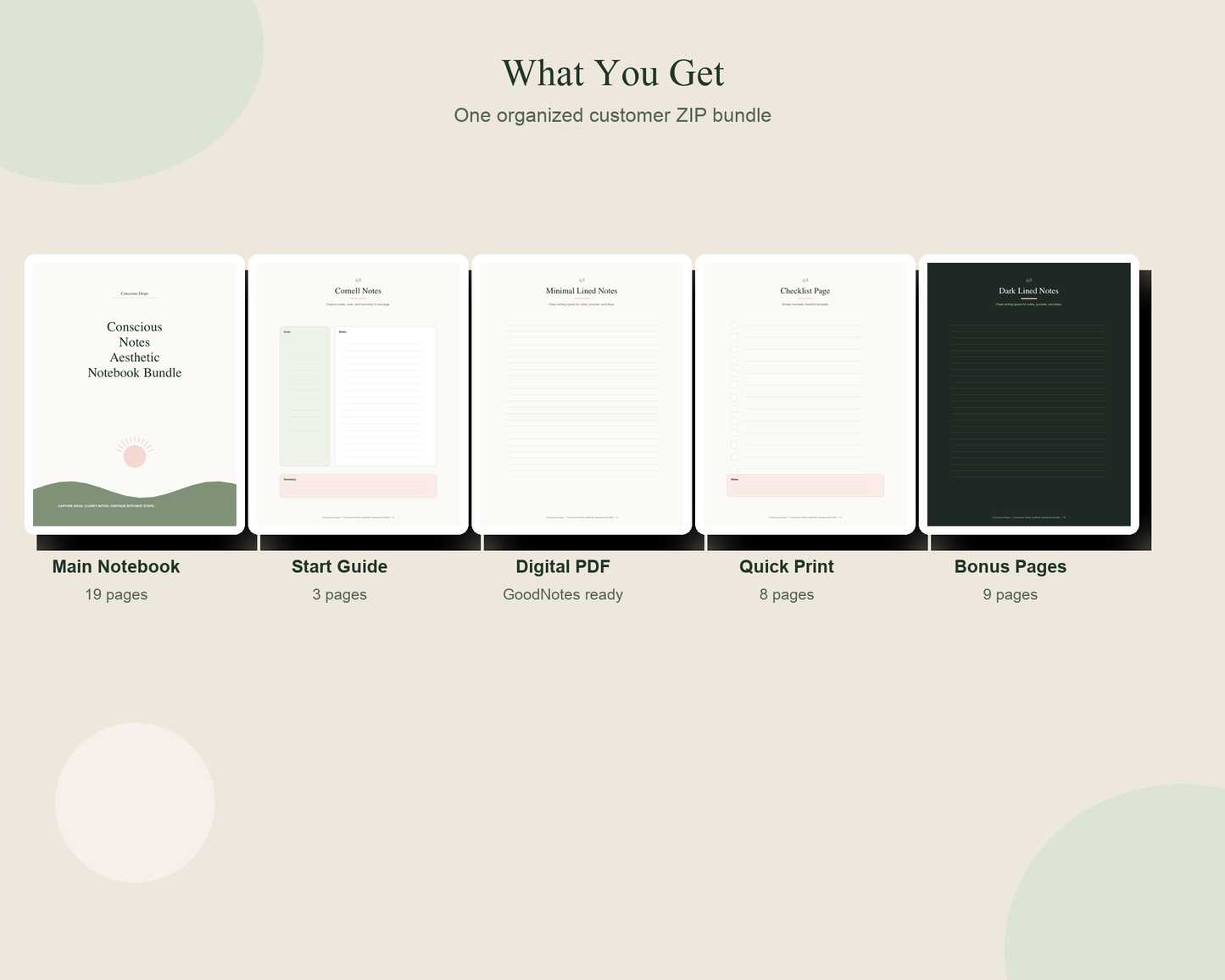 Conscious Notes Aesthetic Digital Notebook Bundle - Printable Notes, Study Pages, Journal & Checklist PDF