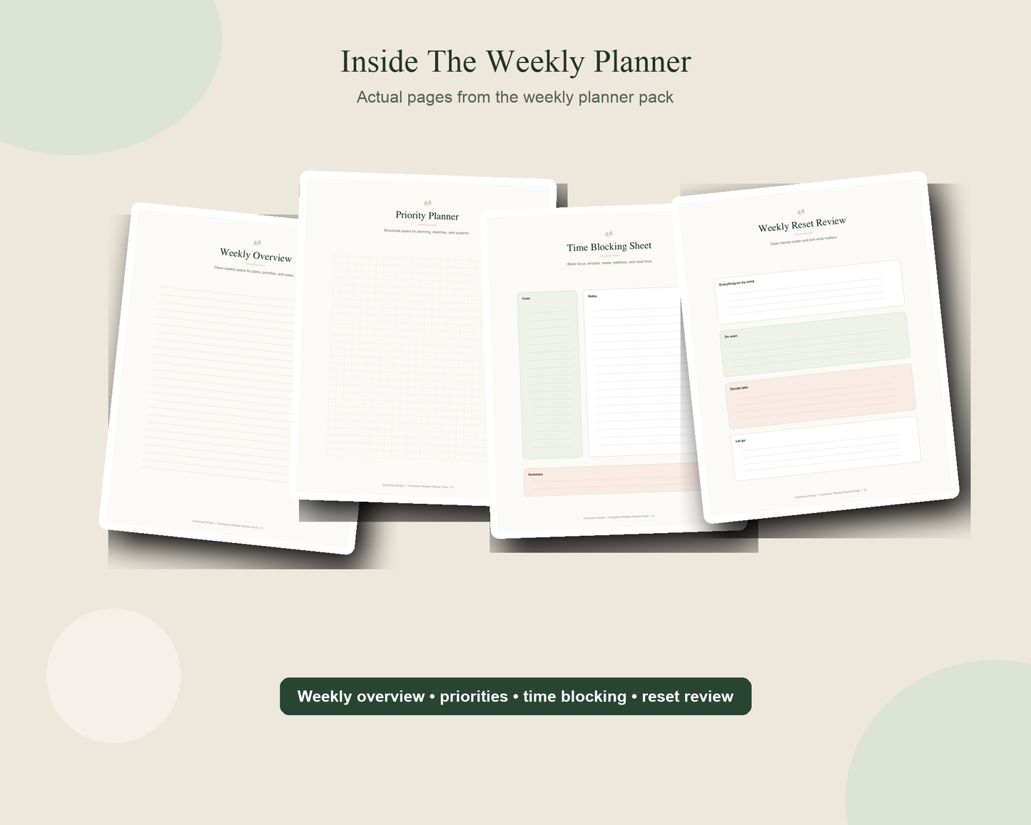 Conscious Weekly Planner Pack - Printable Weekly Planner, Habit Tracker, Time Blocking & Reset Checklist PDF
