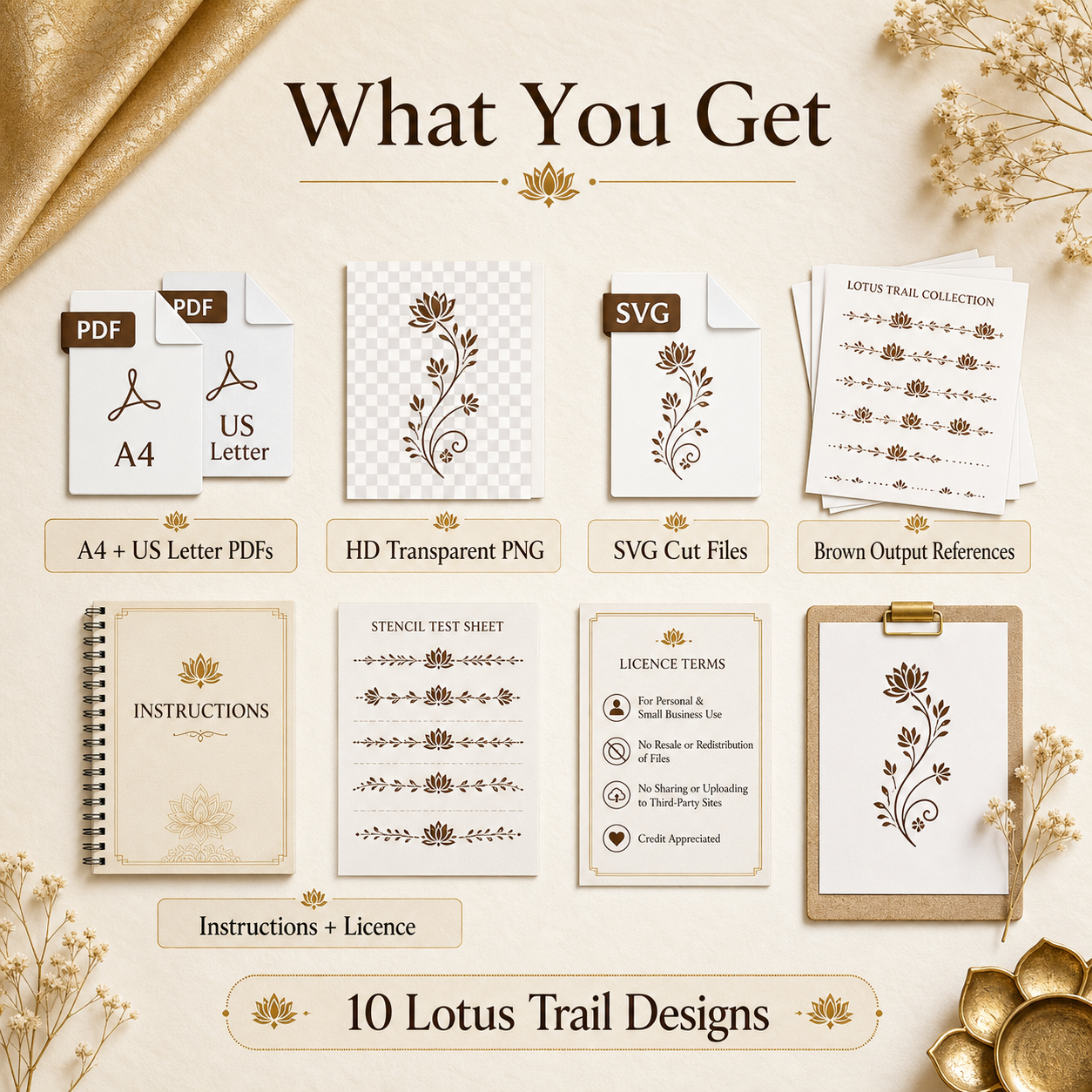 Mehendi Stencil Designs Pack - 10 Lotus Trail Floral Vine Designs