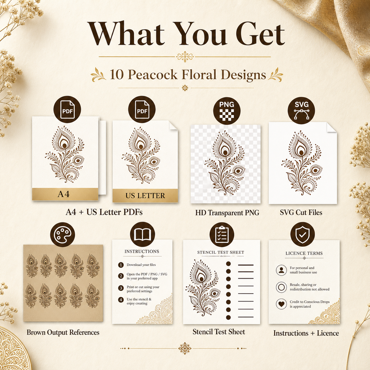 Mehendi Stencil Designs Pack - 10 Peacock Floral Designs
