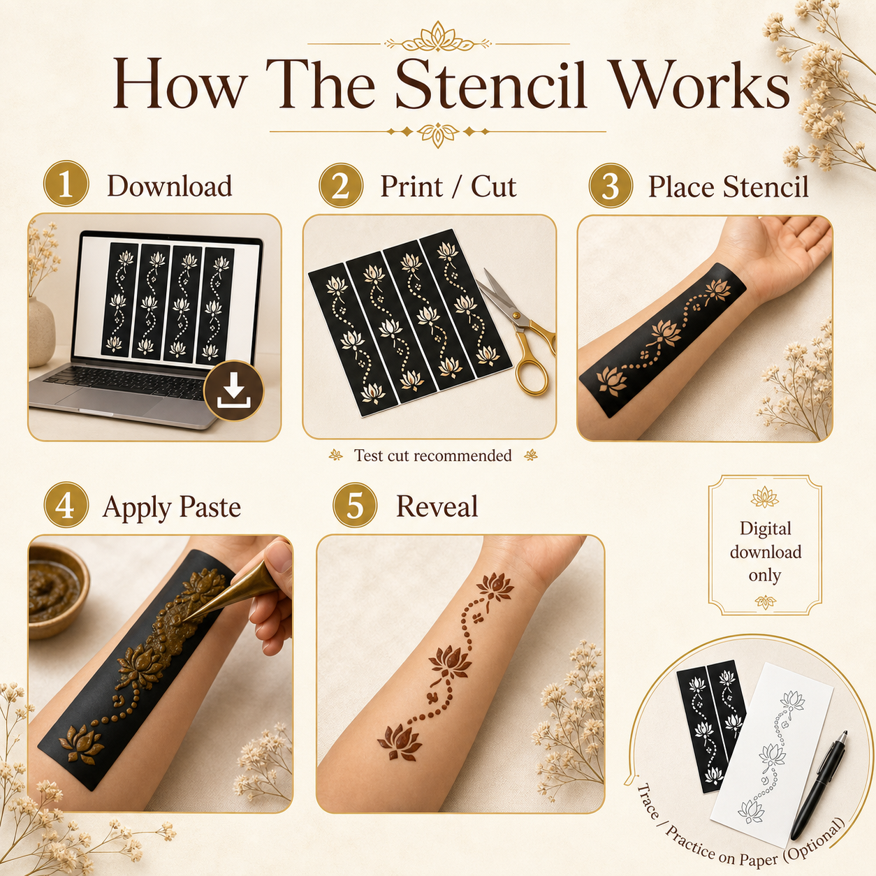 Mehendi Stencil Designs Pack - 10 Lotus Trail Floral Vine Designs