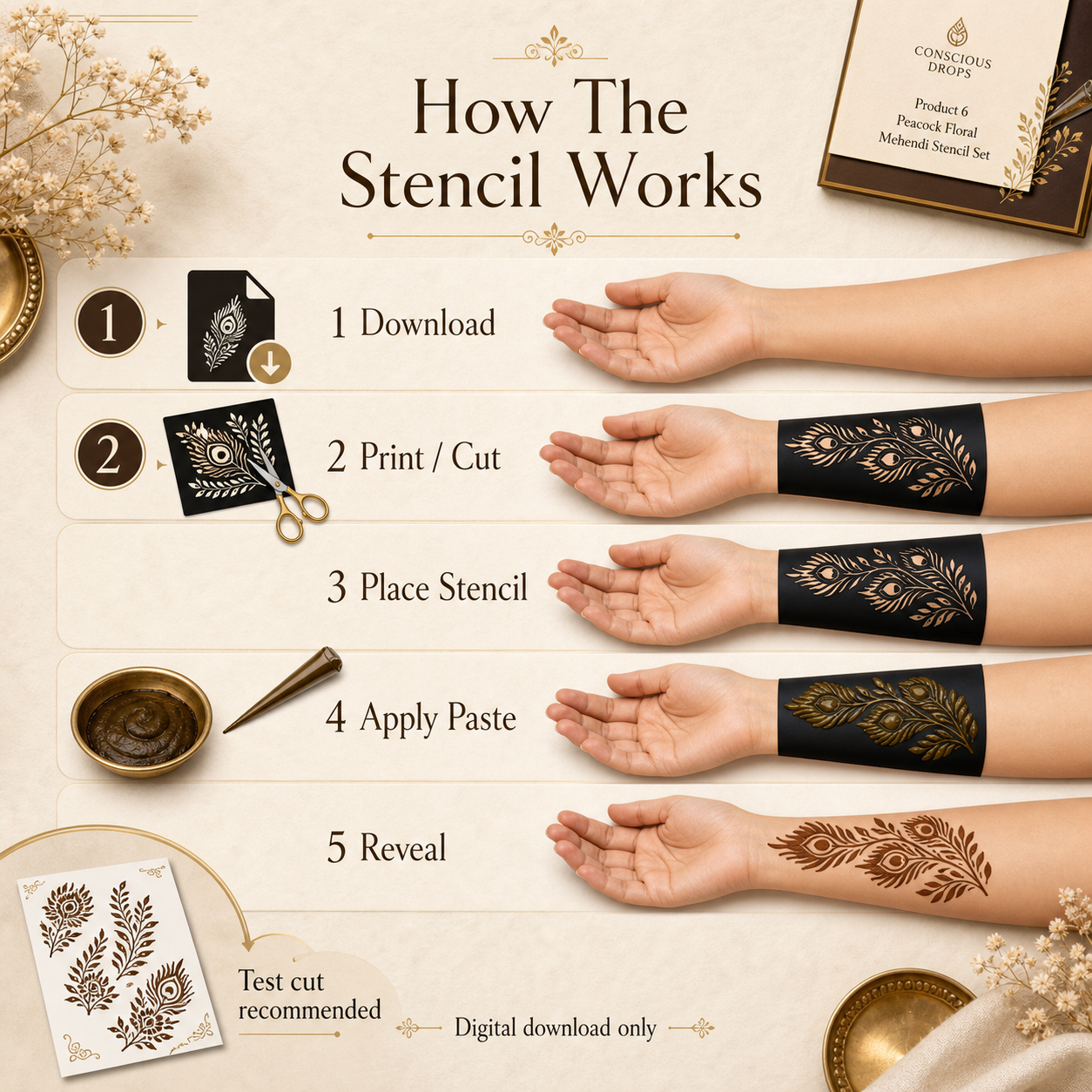 Mehendi Stencil Designs Pack - 10 Peacock Floral Designs