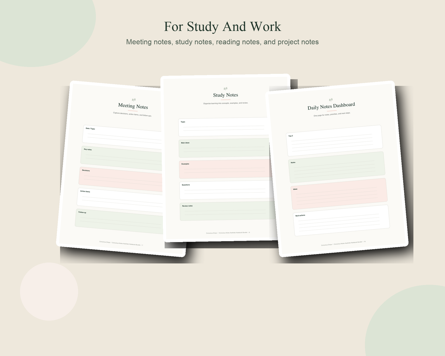 Conscious Notes Aesthetic Digital Notebook Bundle - Printable Notes, Study Pages, Journal & Checklist PDF