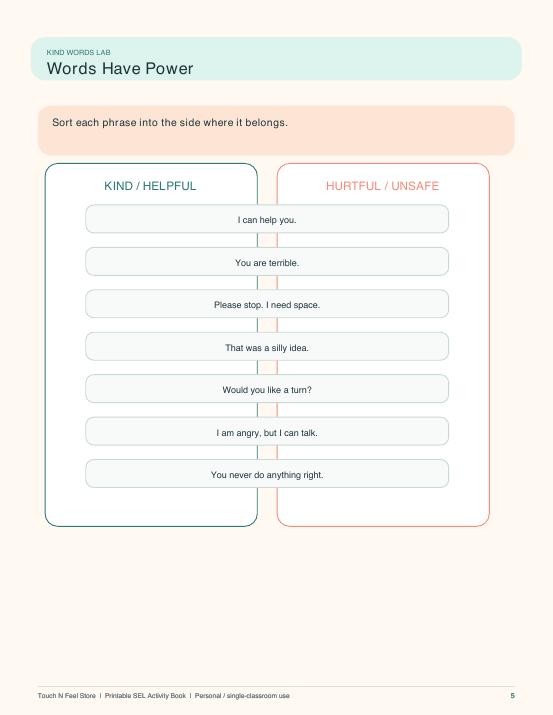 Kind Words vs Hurt Words - 50-Page SEL Activity Book Ages 4-10