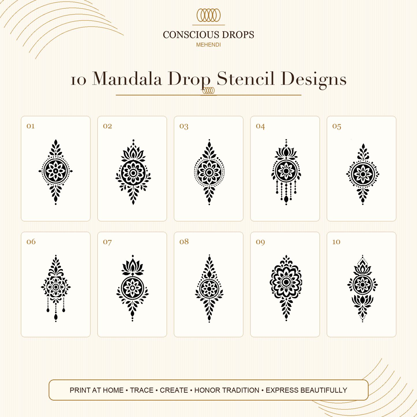 Mehendi Stencil Designs Pack - 10 Mandala Drop Designs