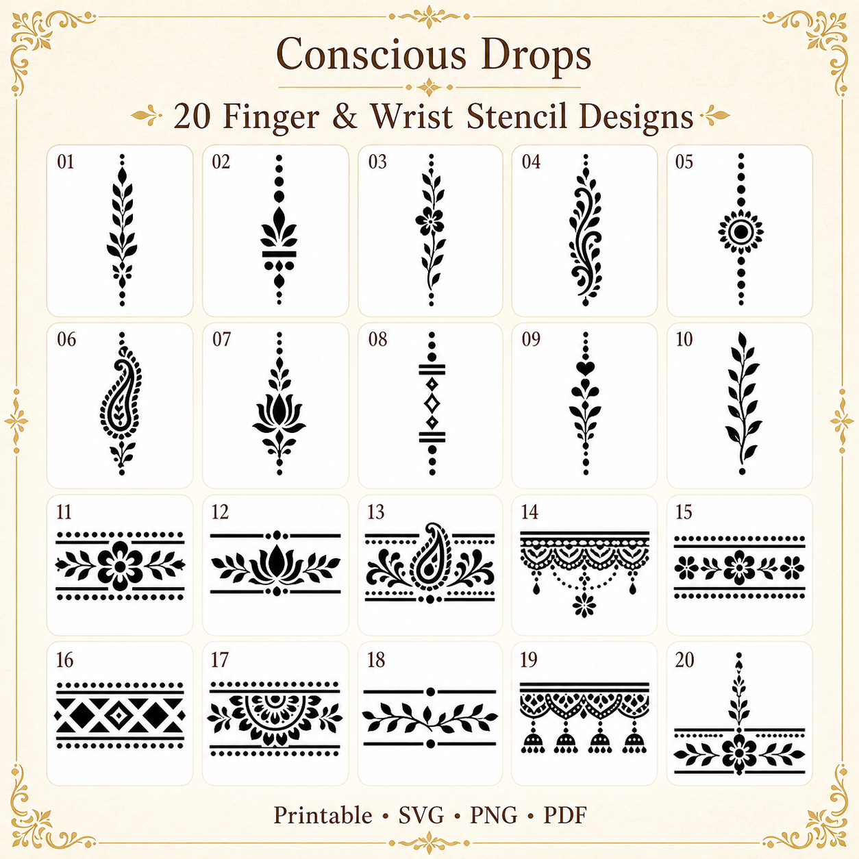 Mehendi Stencil Designs Pack - 20 Finger & Wrist Designs