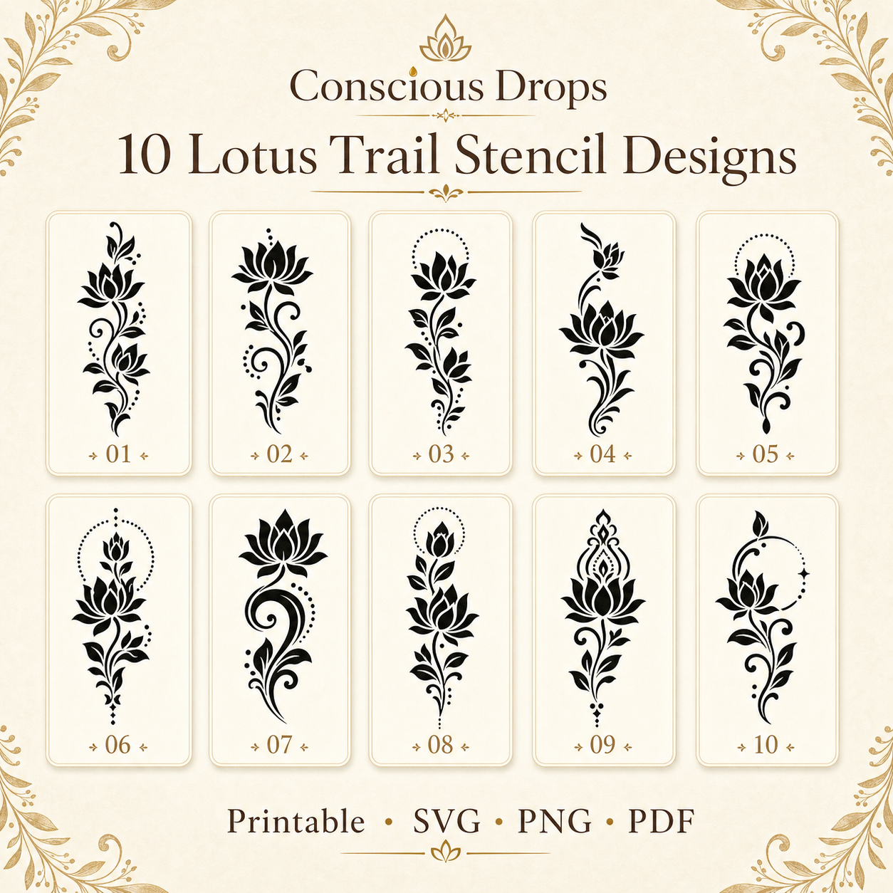 Mehendi Stencil Designs Pack - 10 Lotus Trail Floral Vine Designs