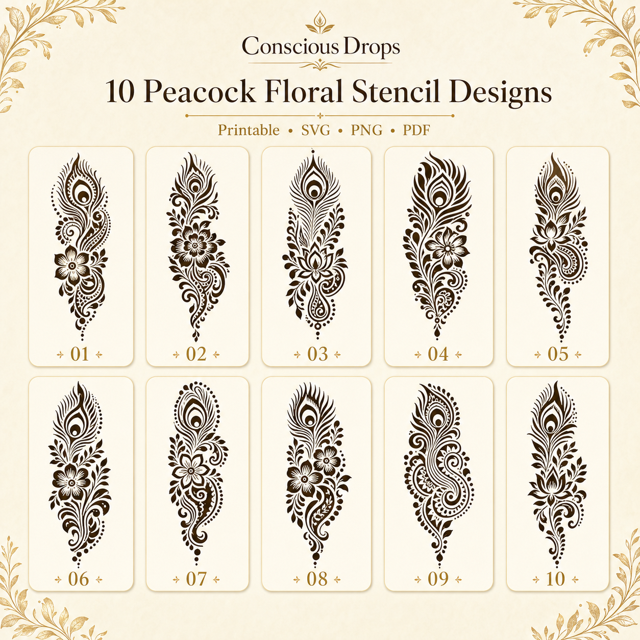 Mehendi Stencil Designs Pack - 10 Peacock Floral Designs