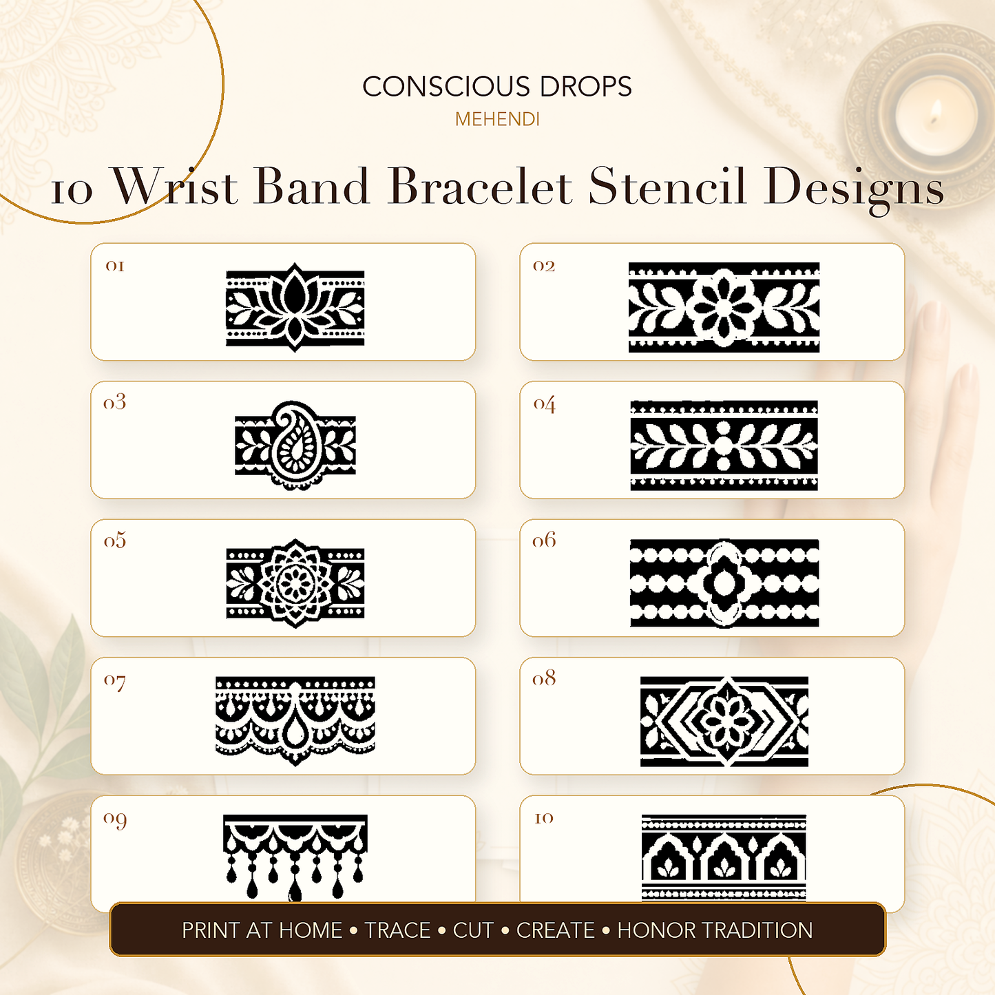 Mehendi Stencil Designs Pack - 10 Wrist Band Bracelet Designs