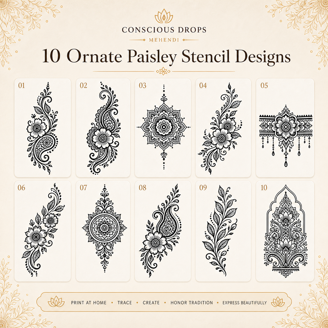 Mehendi Stencil Designs Pack — 10 Ornate Paisley Designs