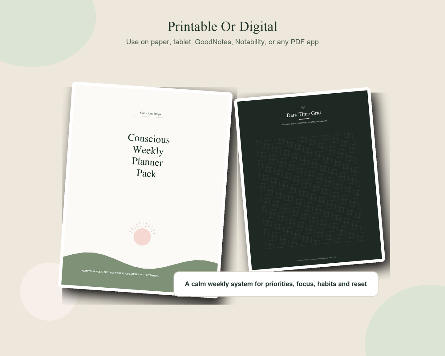 Conscious Weekly Planner Pack - Printable Weekly Planner, Habit Tracker, Time Blocking & Reset Checklist PDF
