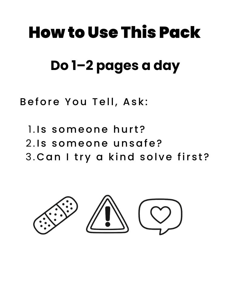 Tattling vs Telling Activity Pack - Ages 4-10 Printable PDF