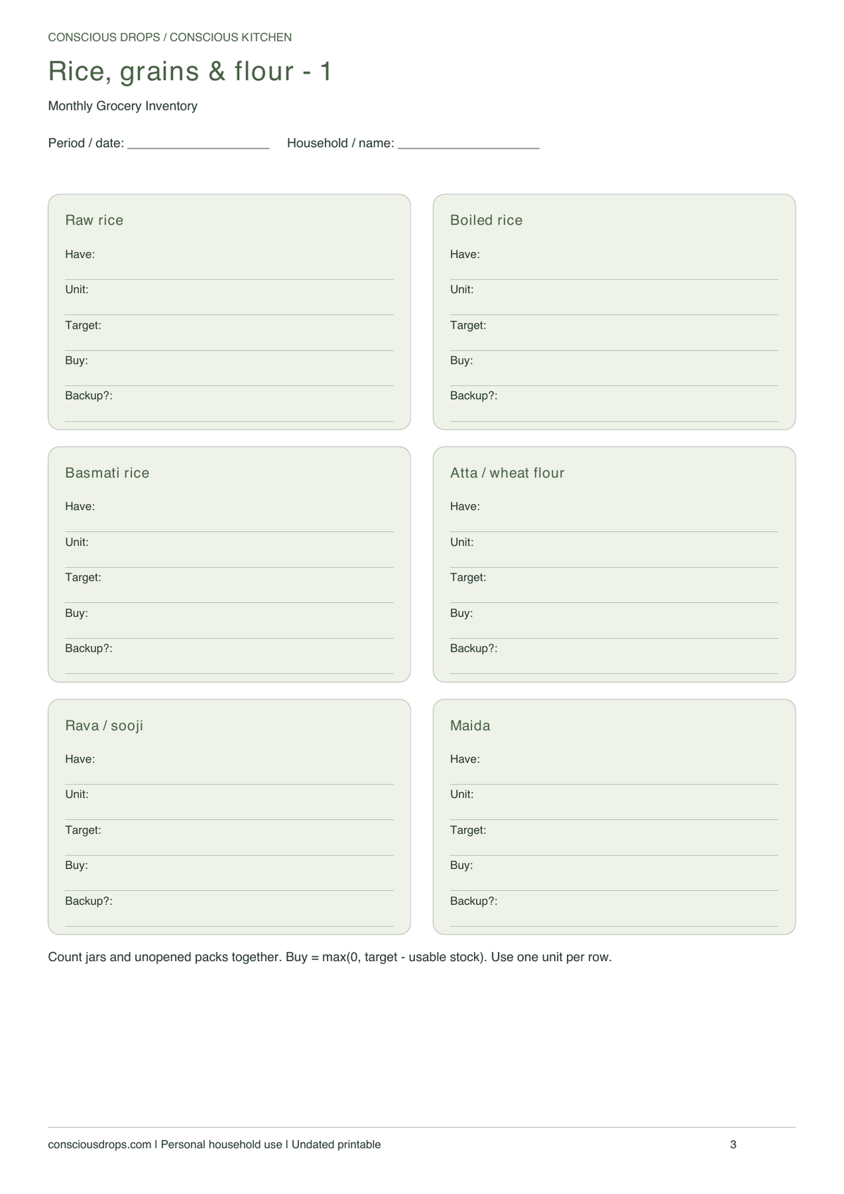 Monthly Grocery Inventory — Botanical Cards — inside preview