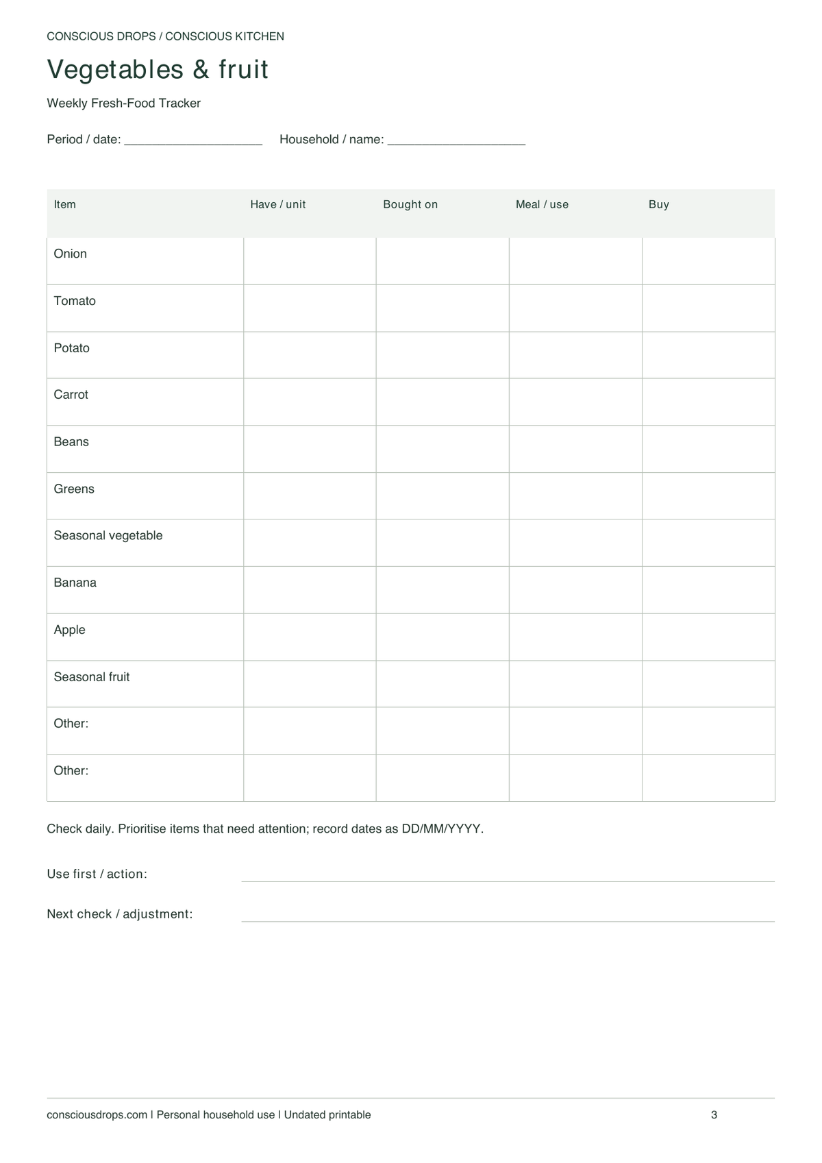 Weekly Fresh-Food Tracker — Minimal Ledger — inside preview
