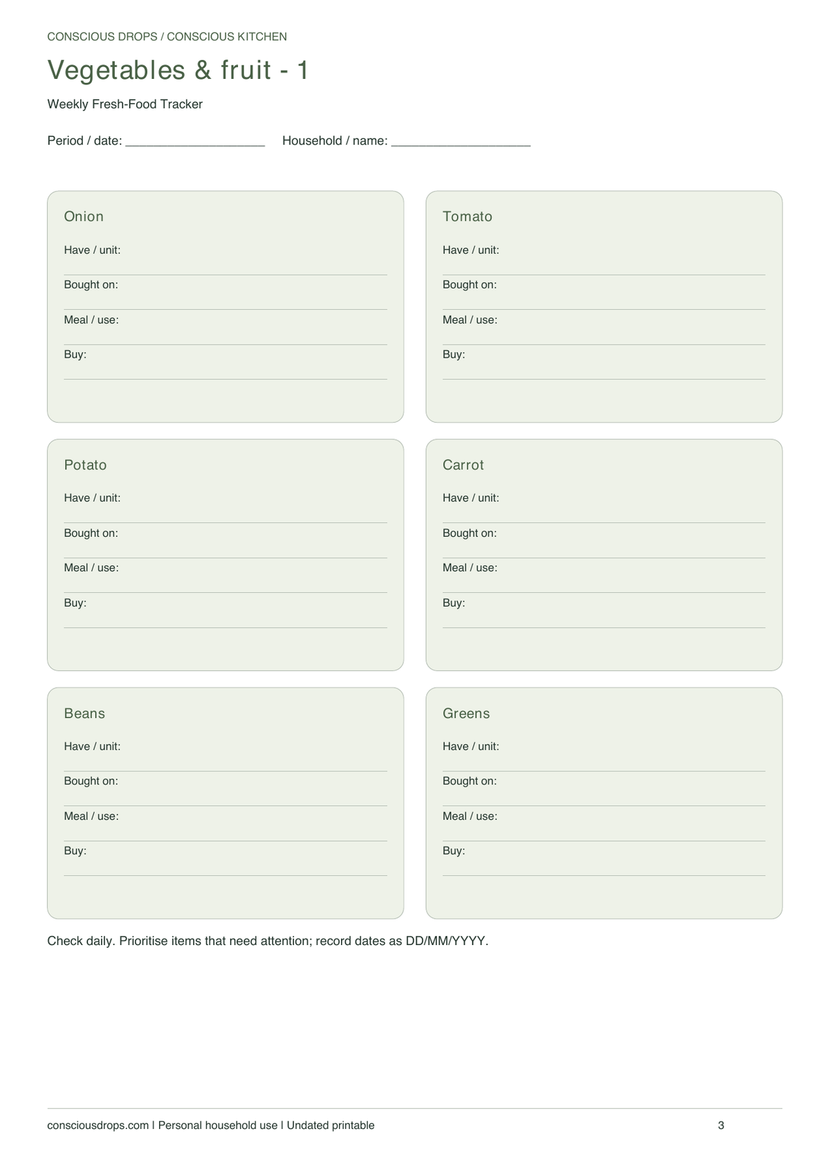 Weekly Fresh-Food Tracker — Botanical Cards — inside preview