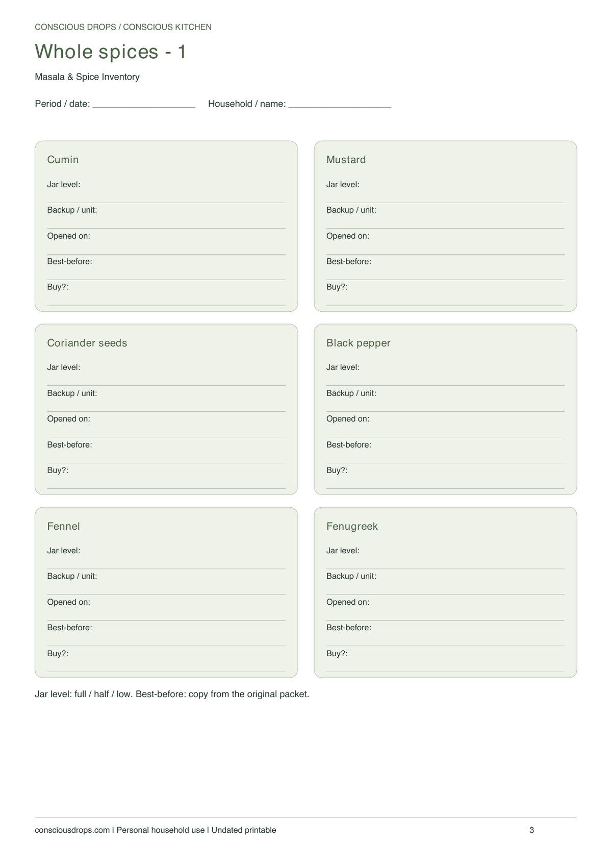 Masala & Spice Inventory — Botanical Cards — inside preview