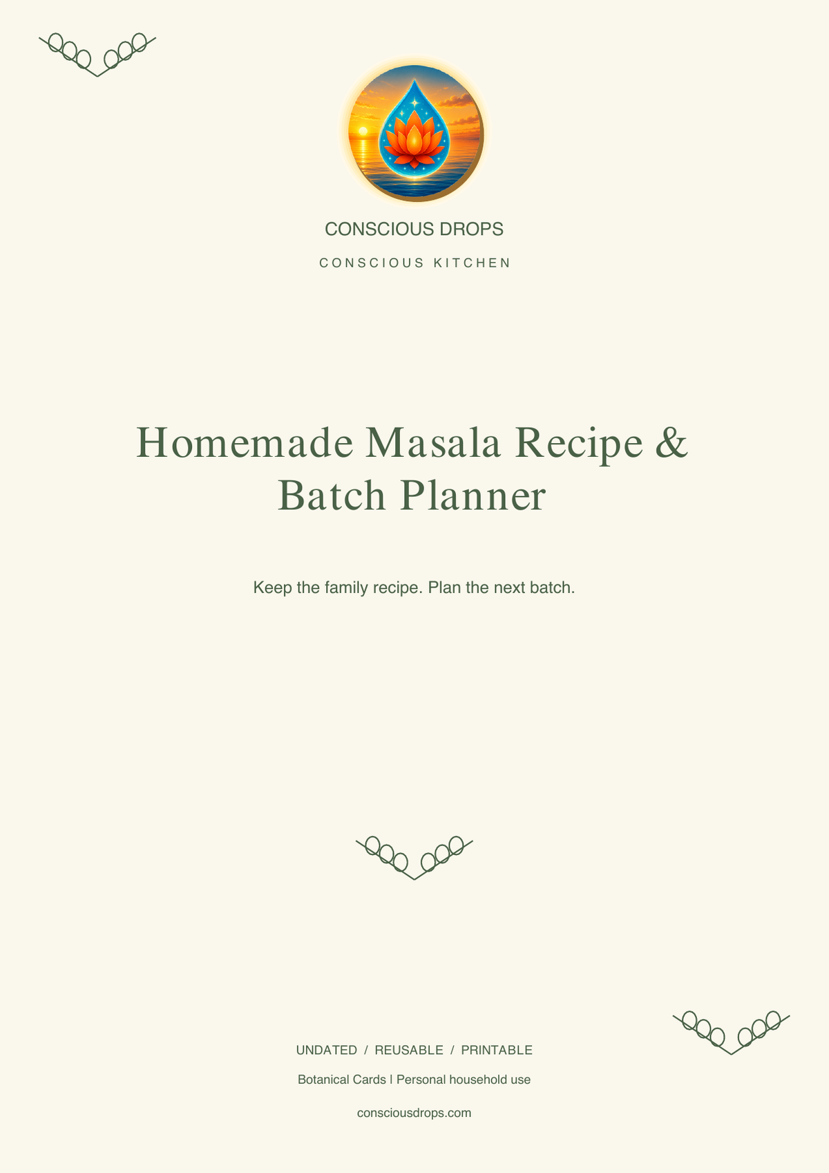 Homemade Masala Recipe & Batch Planner — Botanical Cards — front cover