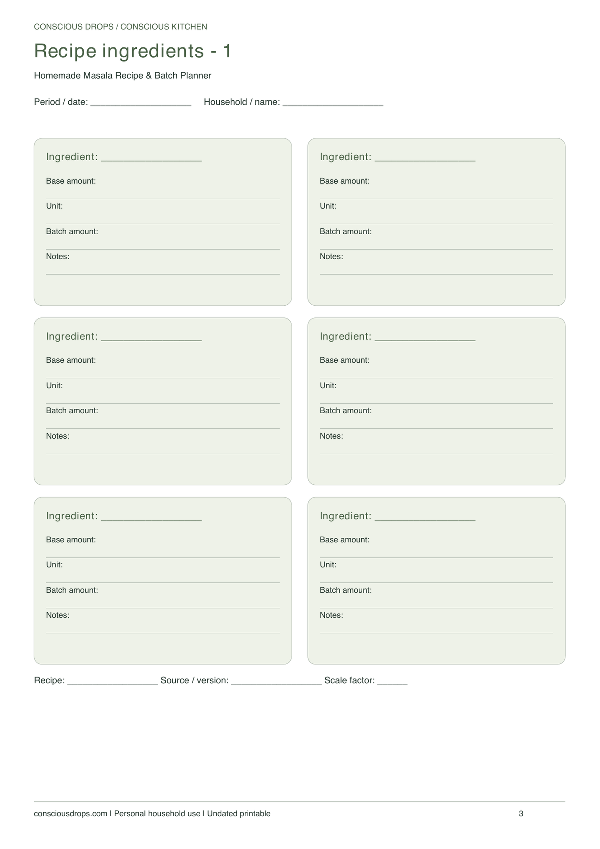 Homemade Masala Recipe & Batch Planner — Botanical Cards — inside preview