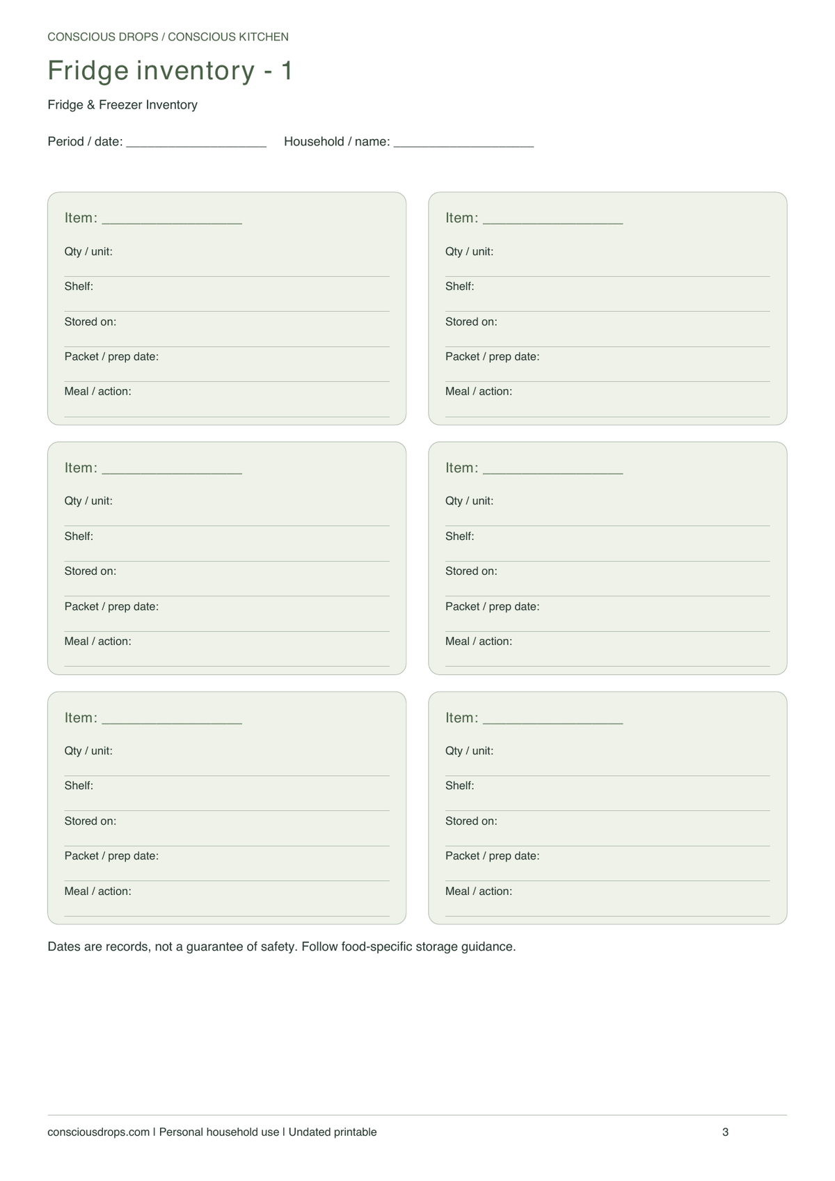 Fridge & Freezer Inventory — Botanical Cards — inside preview