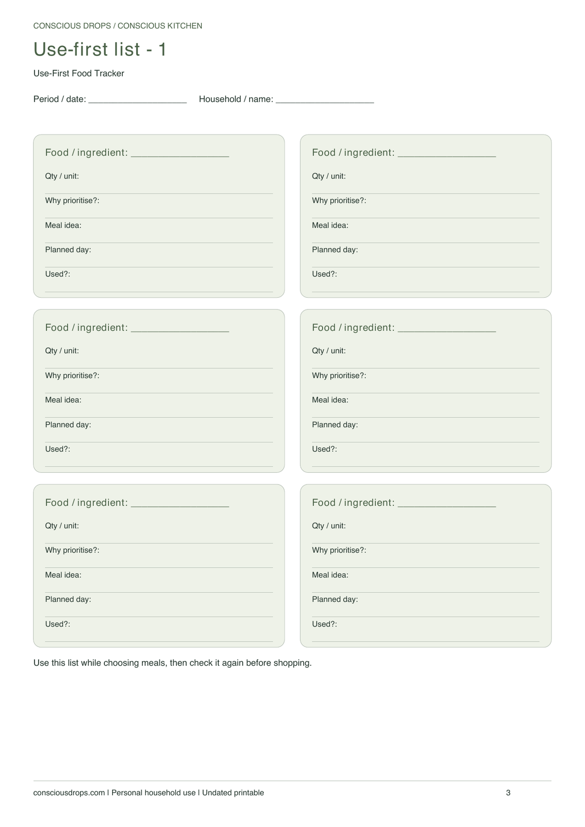 Use-First Food Tracker — Botanical Cards — inside preview